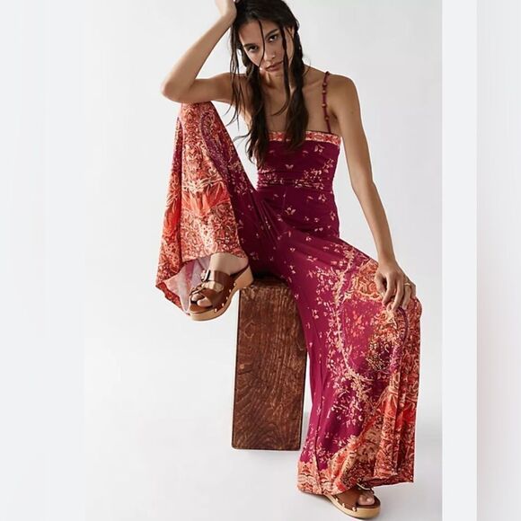 NWT Free People Astrid Jumpsuit Floral Beaded Straps Wide Leg Wine Orange S. - Picture 1 of 5